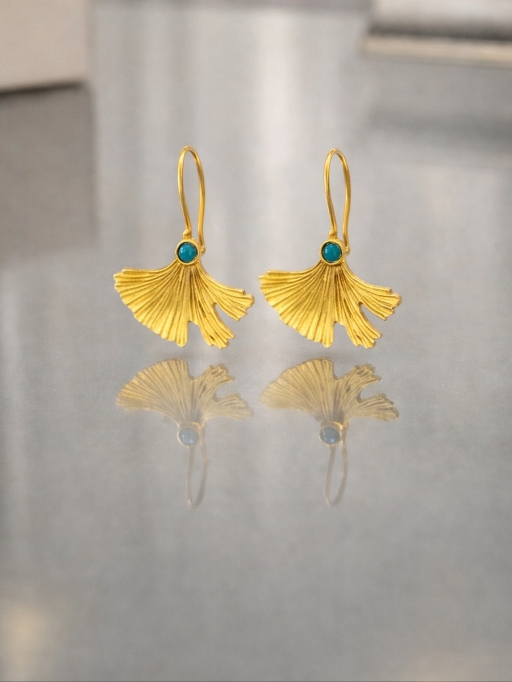 24k Gold Plated Ginkgo Leaf Earrings Turquoise drop handmade Mel New York